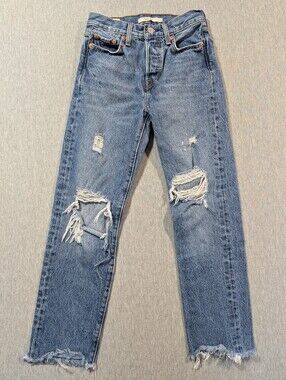 Levi's Wedgie Straight Jeans Women's 23 Blue Destroyed Button Fly